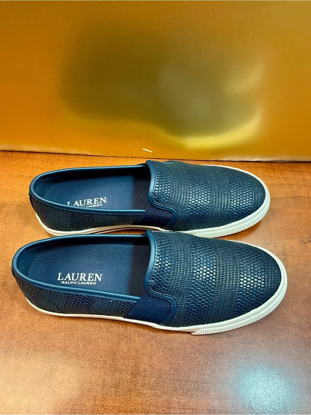 Lauren Ralph Lauren Navy Woven Slip-On Loafers with Cream Sole